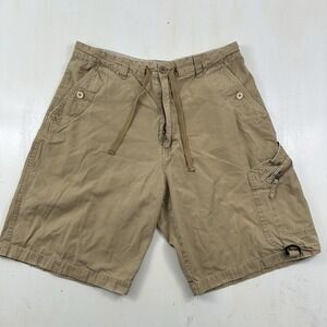VTG Plugg Mens Cargo Shorts 33 Beige Drawstrings Distressed Y2K Russia Tag 34